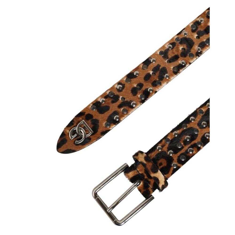 Dolce & Gabbana Brown Leopard Calf Hair Studs Metal Buckle Men's Belt